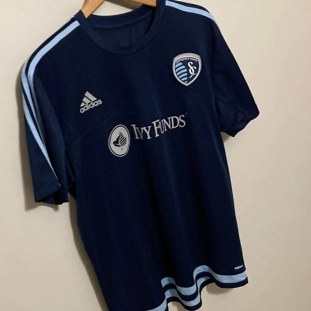 Sporting KC Adidas Dark Blue Soccer Jersey with Light Blue Stripes, Size XL